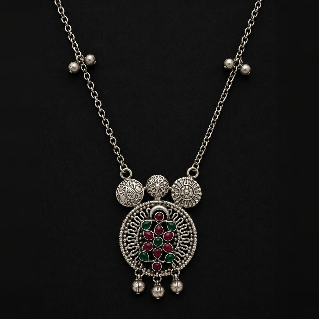 Desi Diva Oxidized Red & Green Stone Necklace