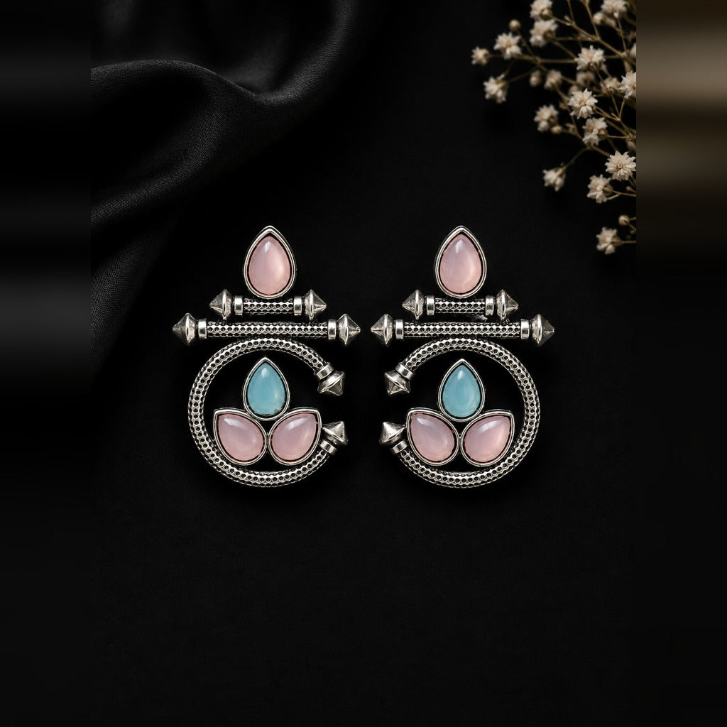 Oxidized Circle Leaf Earrings - Pink & Turquoise