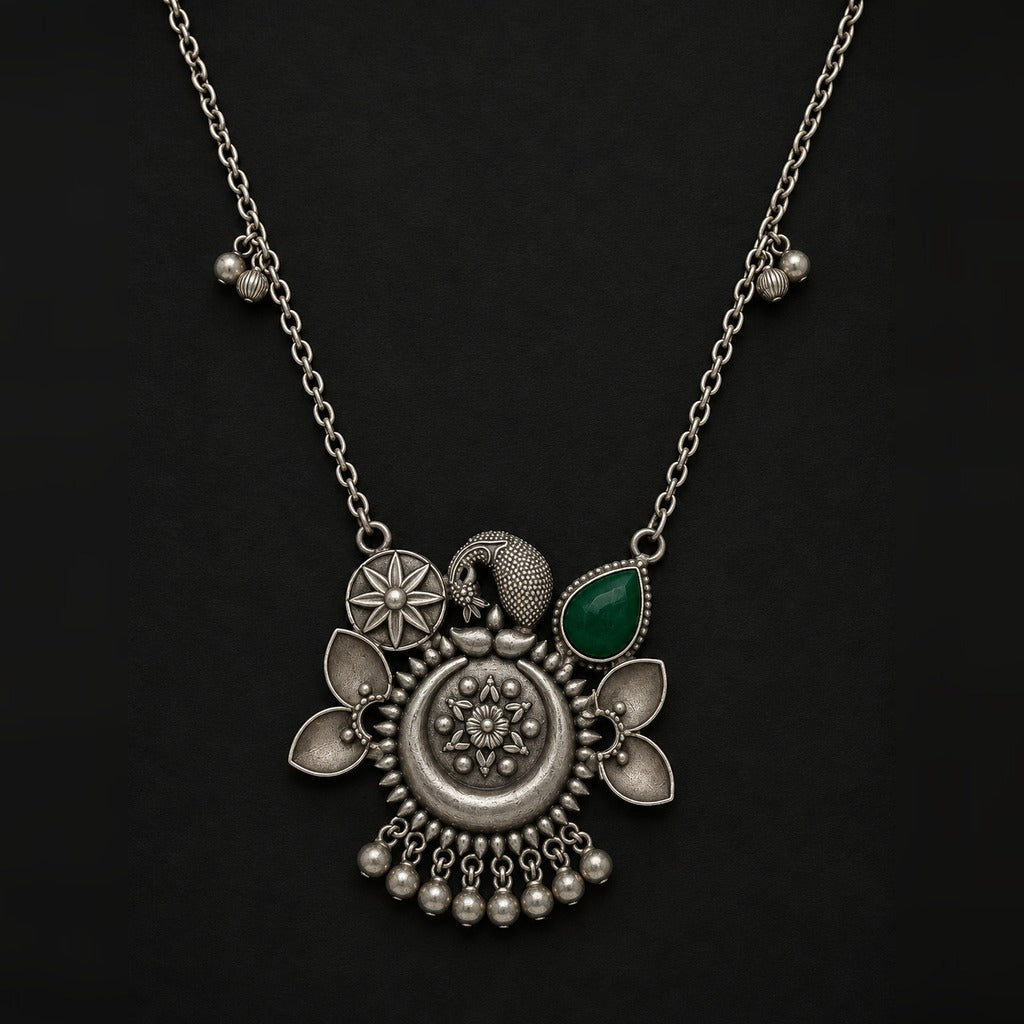 Desi Diva Oxidized Green Leaf Floral Necklace