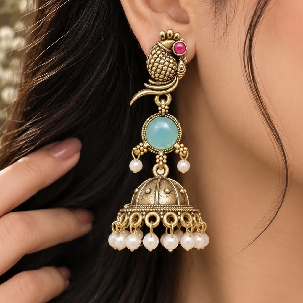 Oxidized Golden Peacock Jhumka - Turquoise