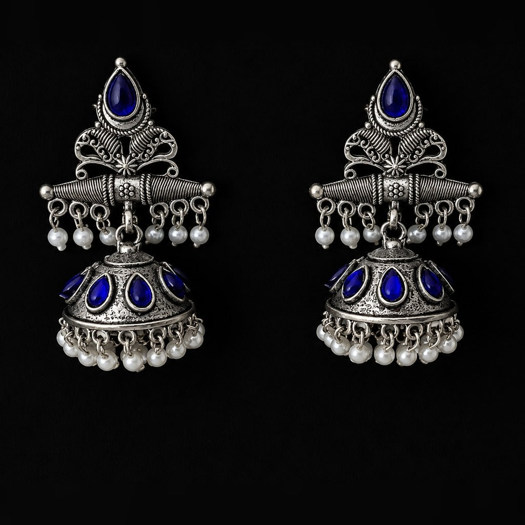 Oxidized Silver Jhumka - Blue