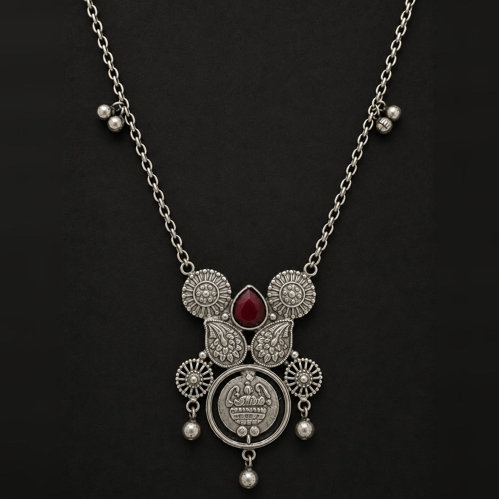 Desi Diva Oxidized Ruby-Drop Coin Necklace