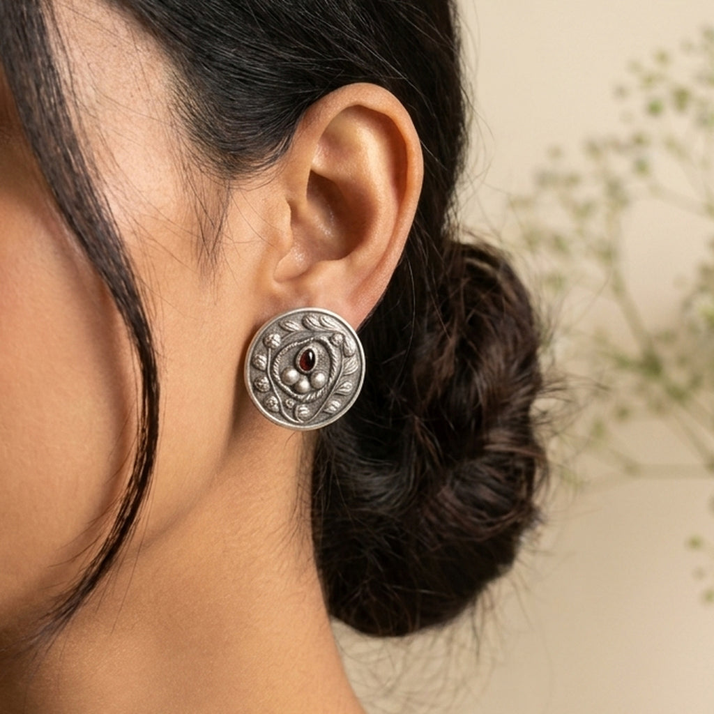 Engraved Round Silver Studs worn on the ear, handmade by Dream Karigiri