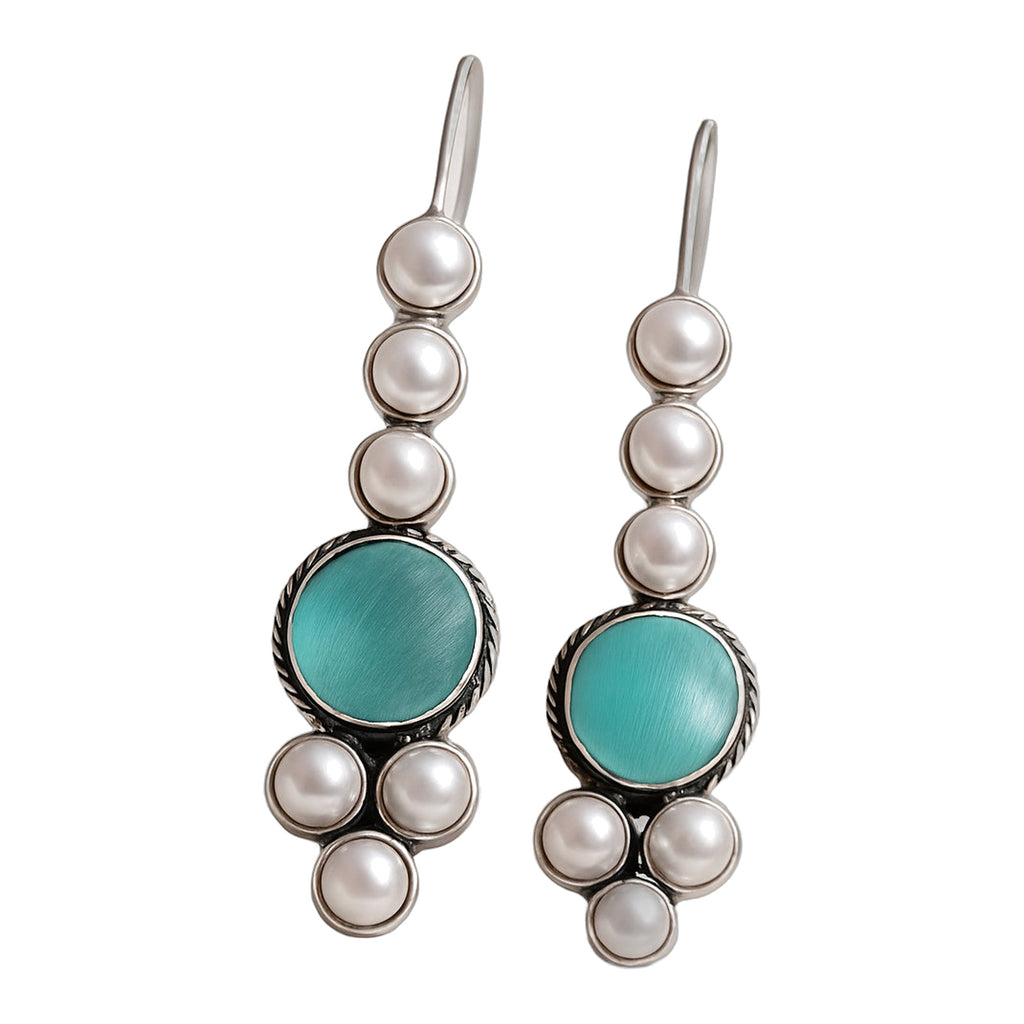 Ocean Blue Stone & Pearl Drops — handmade earrings by Dream Karigiri