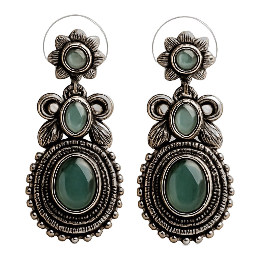 Emerald Oval Oxidised Drop Earrings — handmade earrings by Dream Karigiri