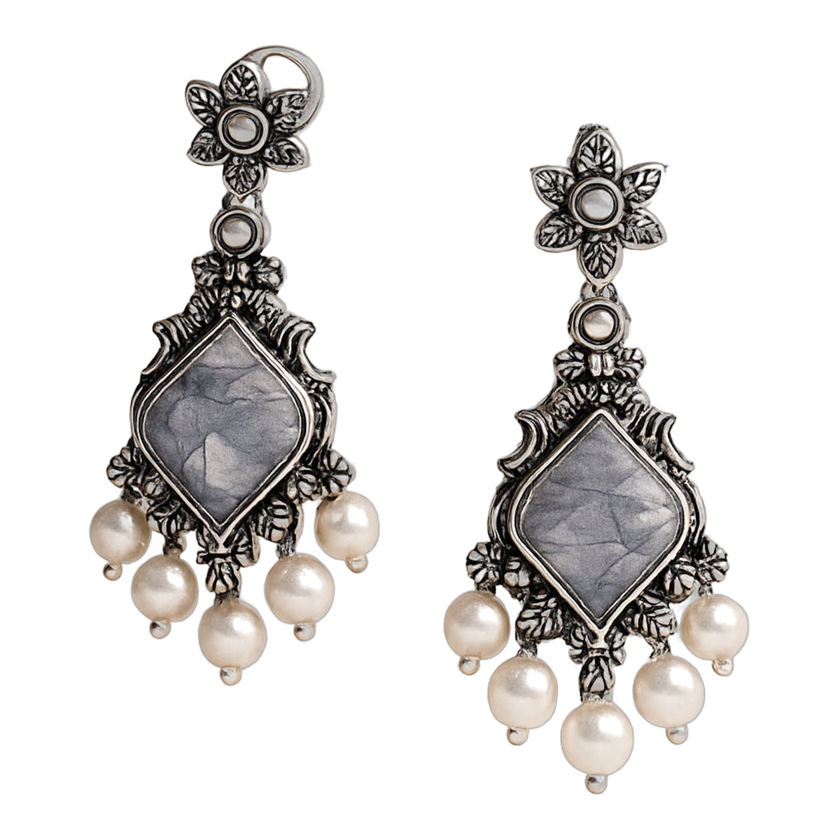 Grey Stone Square Statement Earrings — handmade earrings by Dream Karigiri