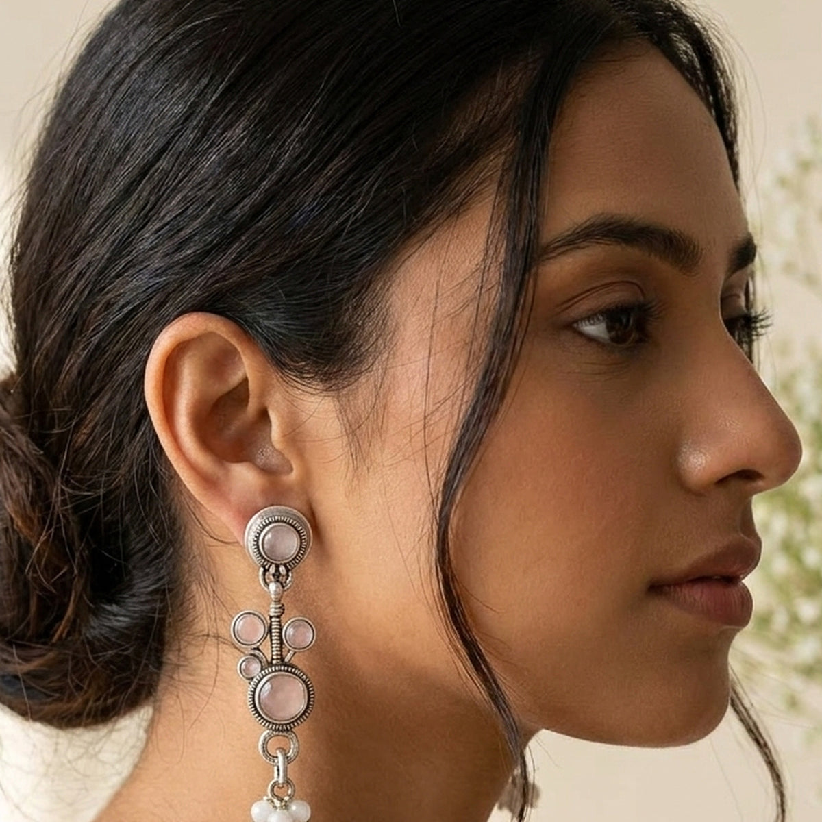 Rose & Grey Stone Drop Earrings worn on the ear, handmade by Dream Karigiri