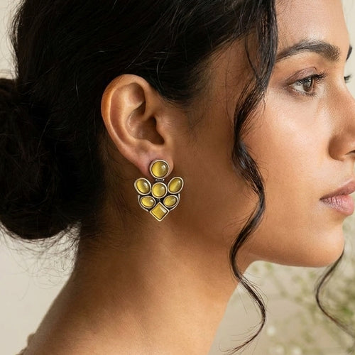 Citrine Yellow Cluster Studs worn on the ear, handmade by Dream Karigiri