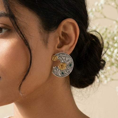 Chand Crescent Moon Statement Studs worn on the ear, handmade by Dream Karigiri