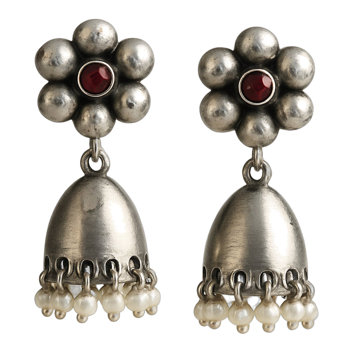 Silver Kundan Flower Jhumka — handmade earrings by Dream Karigiri