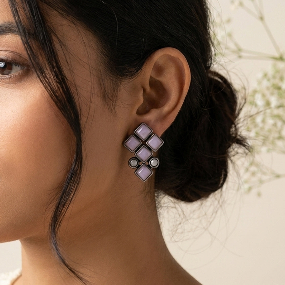 Pink Kundan Diamond-Cluster Studs worn on the ear, handmade by Dream Karigiri