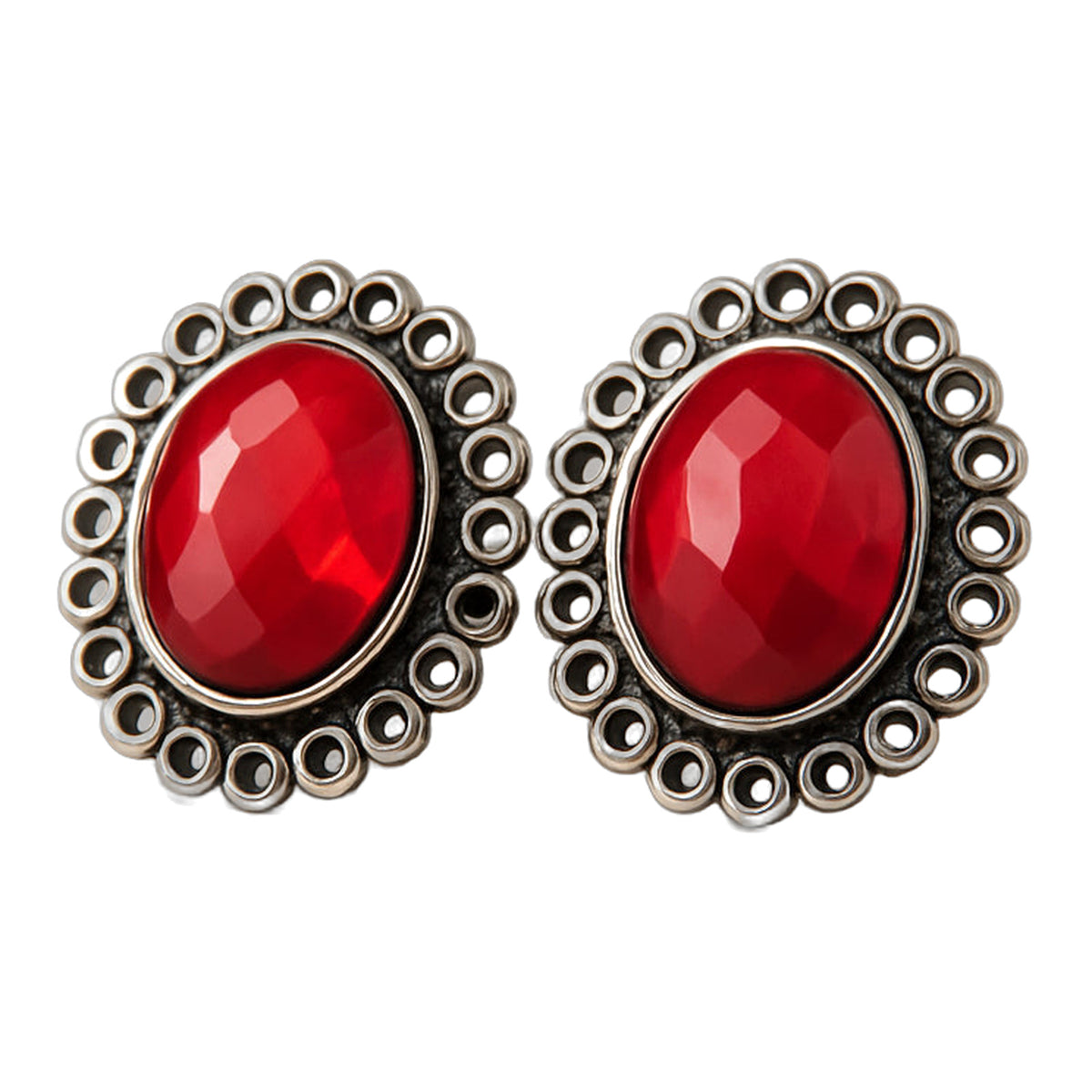 Ruby Red Oval Silver Studs — handmade earrings by Dream Karigiri