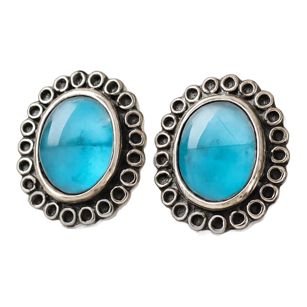 Sky Blue Oval Silver Studs — handmade earrings by Dream Karigiri