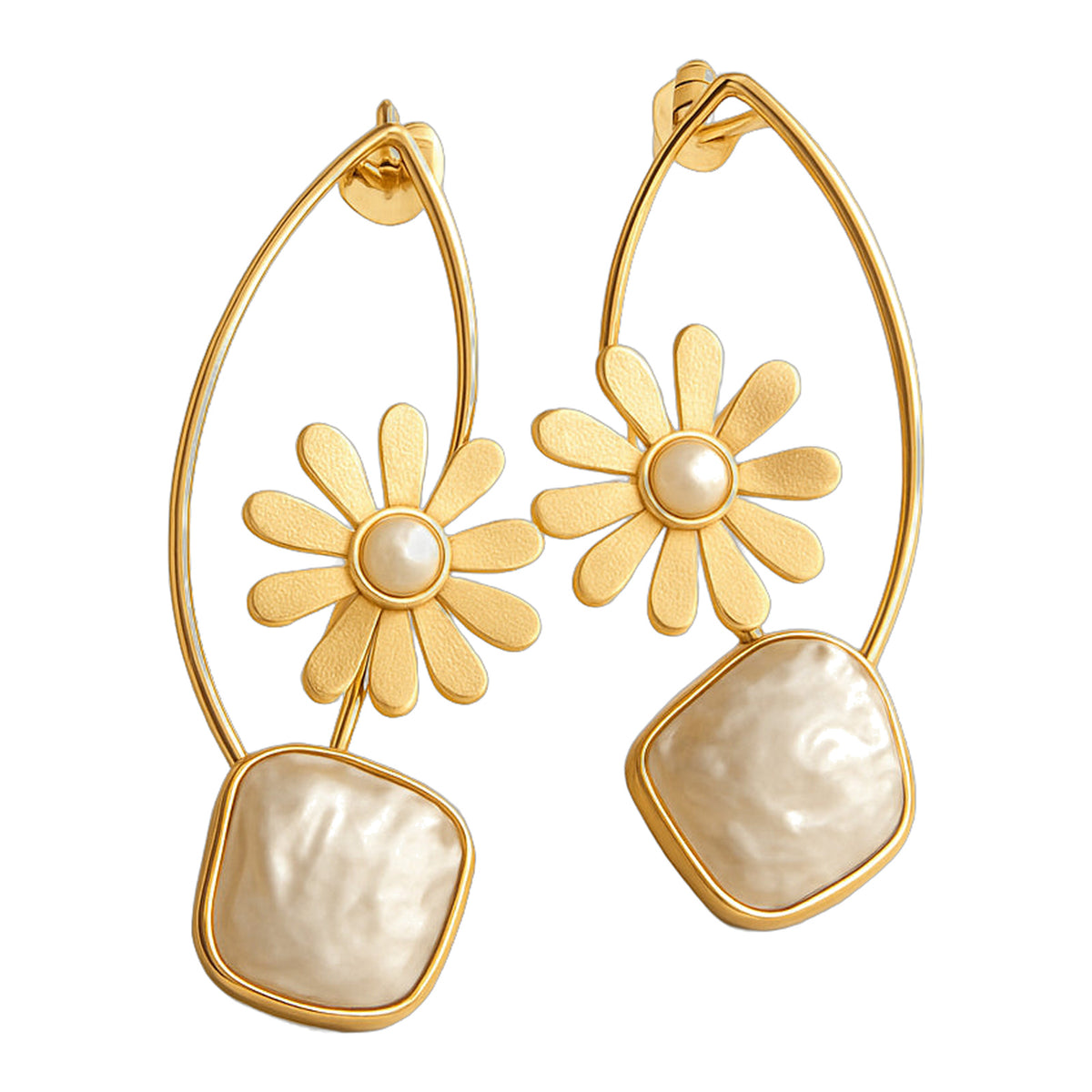 Golden Daisy Pearl Drop Earrings — handmade earrings by Dream Karigiri