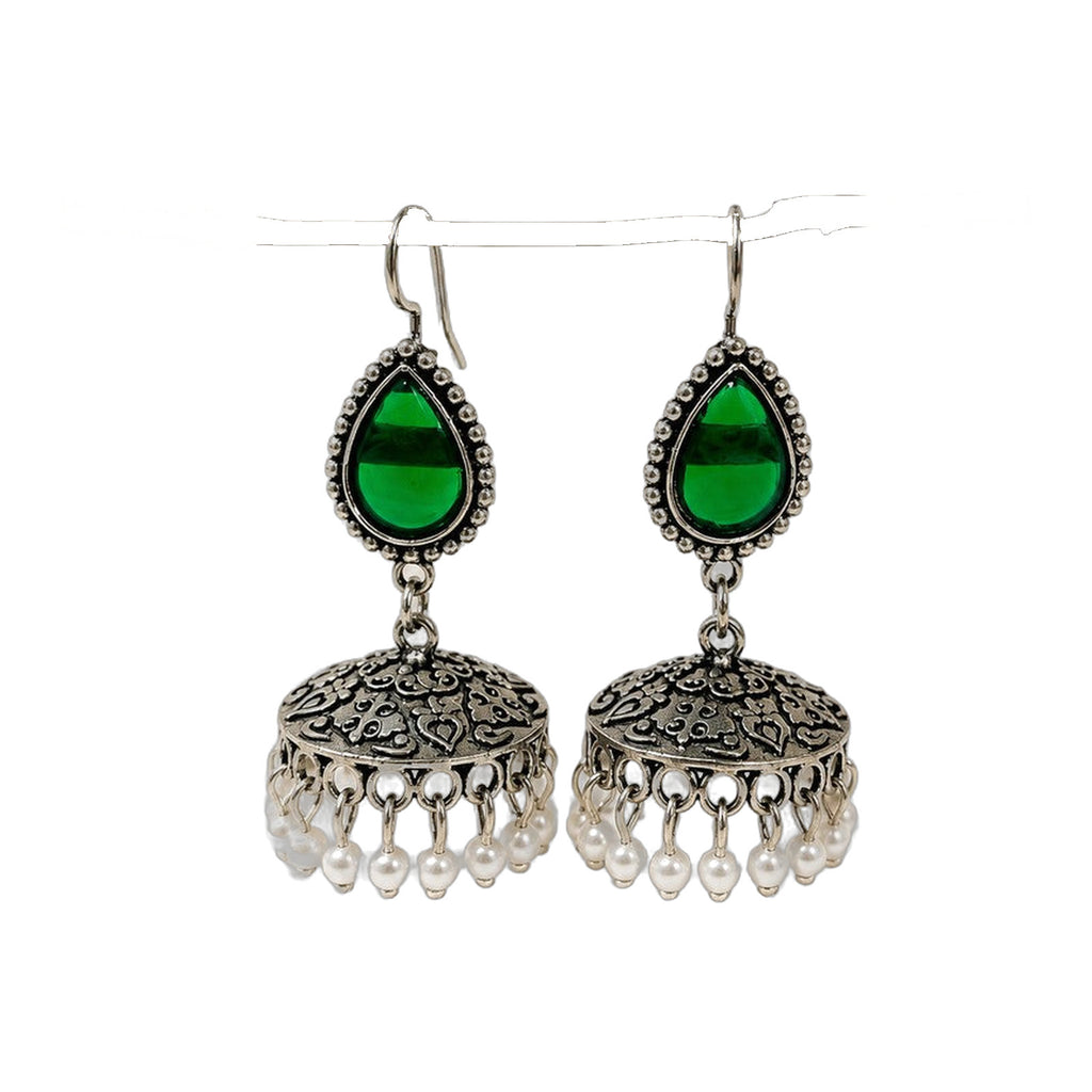 Emerald Meena Teardrop Jhumkas — handmade earrings by Dream Karigiri