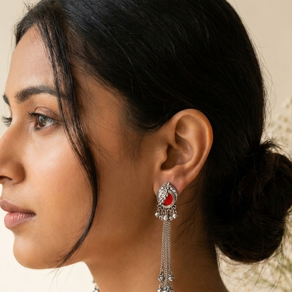Kashmiri Earrings worn on the ear, handmade by Dream Karigiri
