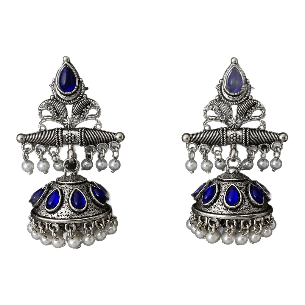 Oxidized Silver Jhumka - Blue — handmade earrings by Dream Karigiri