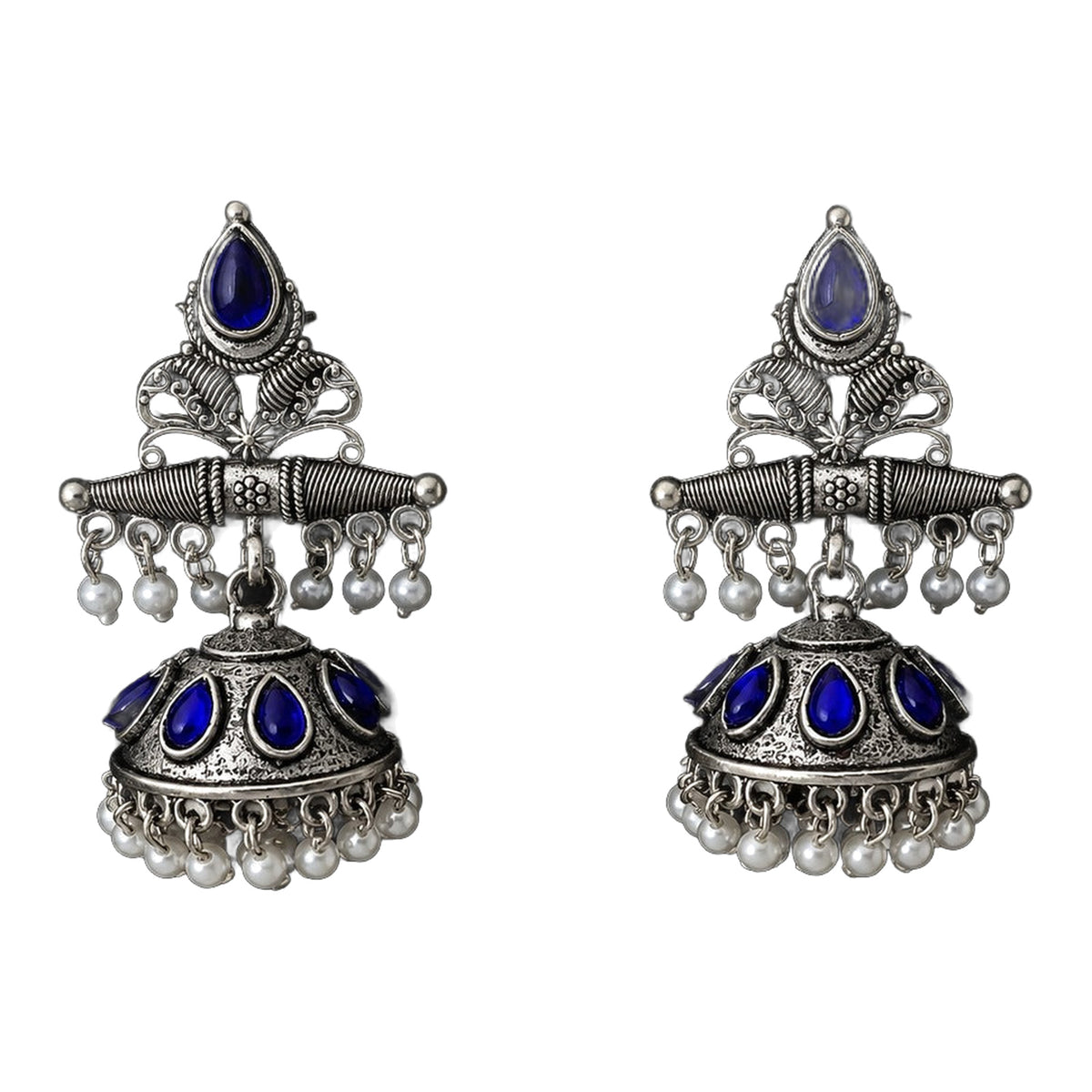 Oxidized Silver Jhumka - Blue — handmade earrings by Dream Karigiri