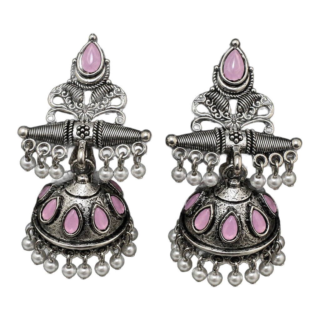 Oxidized Silver Jhumka - Pink — handmade earrings by Dream Karigiri