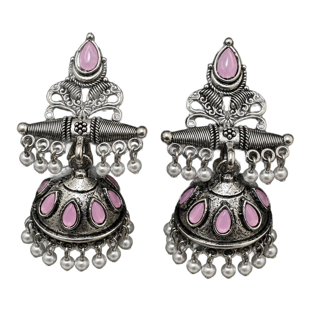 Oxidized Silver Jhumka - Pink — handmade earrings by Dream Karigiri