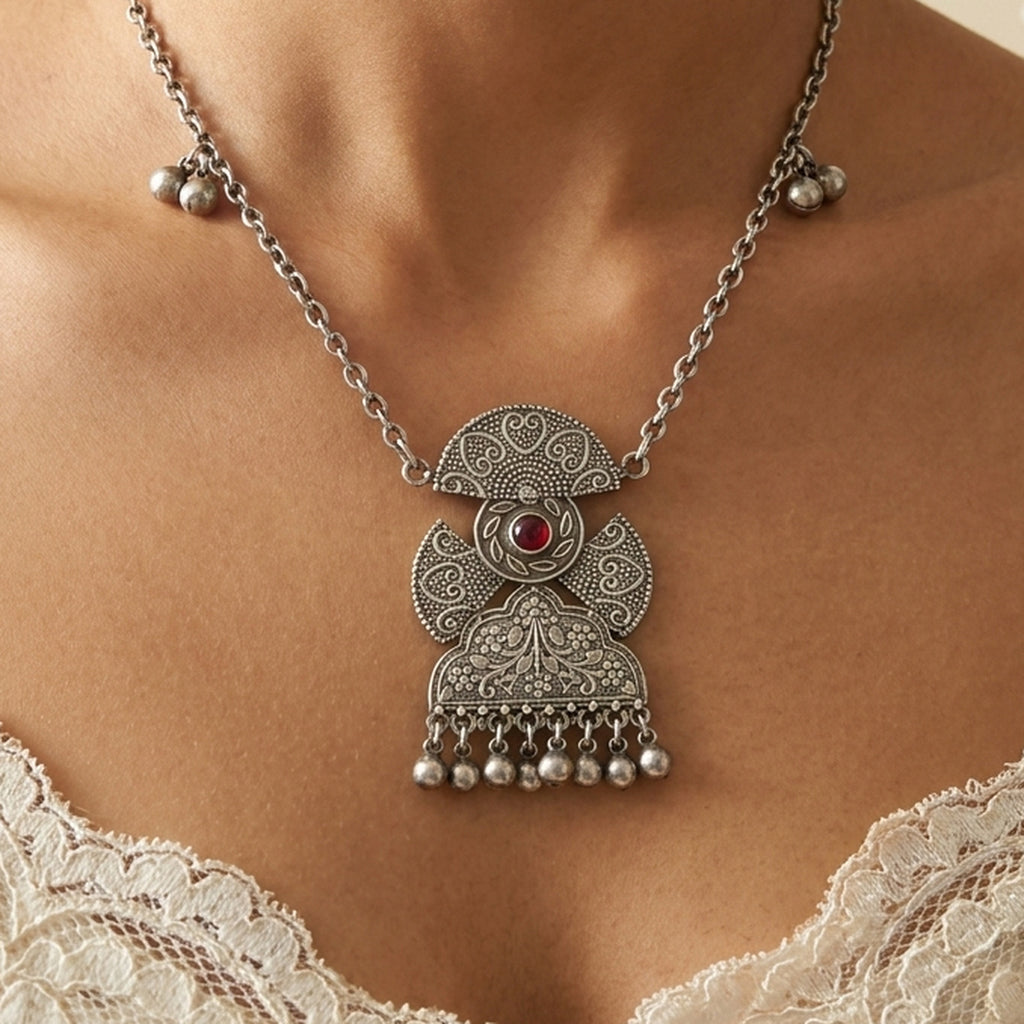 Desi Diva Oxidized Temple Coin Necklace worn at the neck, handmade by Dream Karigiri