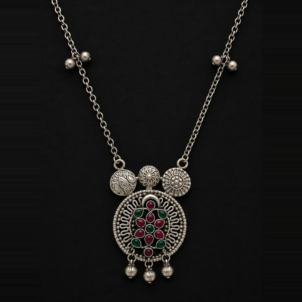 Desi Diva Oxidized Red & Green Stone Necklace