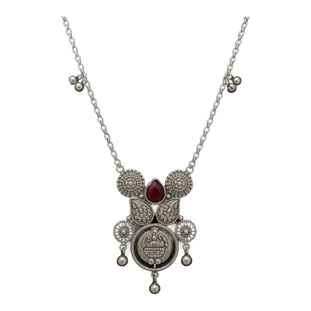 Desi Diva Oxidized Ruby-Drop Coin Necklace — handmade necklace by Dream Karigiri