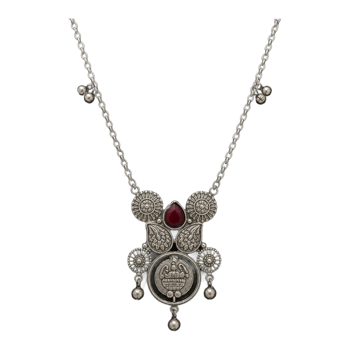 Desi Diva Oxidized Ruby-Drop Coin Necklace — handmade necklace by Dream Karigiri