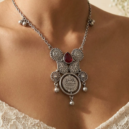 Desi Diva Oxidized Ruby-Drop Coin Necklace worn at the neck, handmade by Dream Karigiri