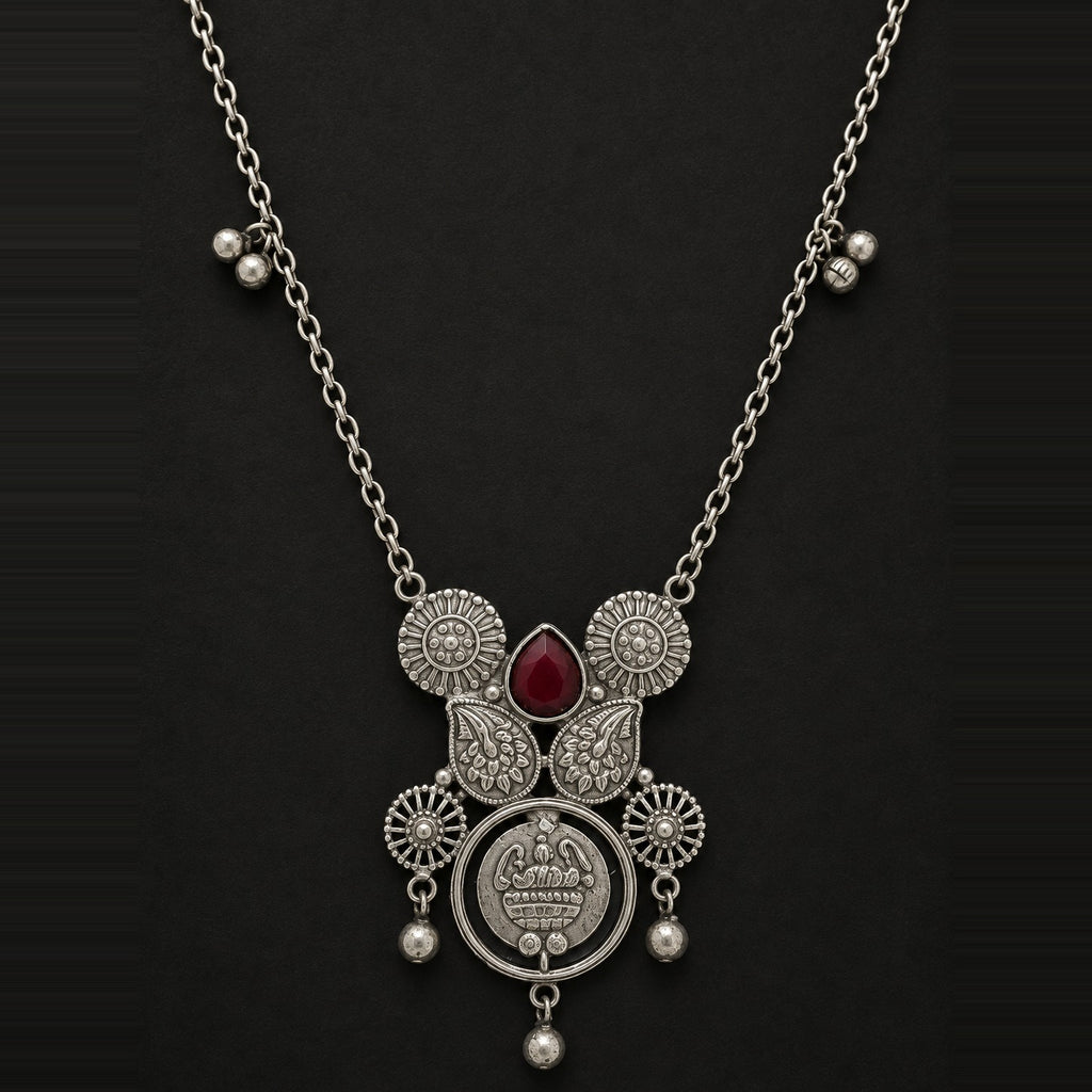 Desi Diva Oxidized Ruby-Drop Coin Necklace