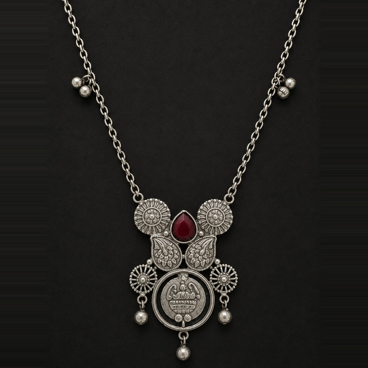 Desi Diva Oxidized Ruby-Drop Coin Necklace