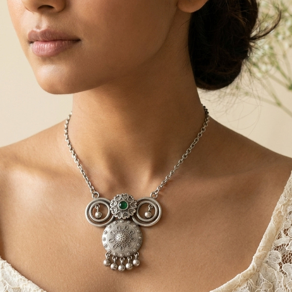 Desi Diva Oxidized Twin-Circle Green Necklace worn at the neck, handmade by Dream Karigiri