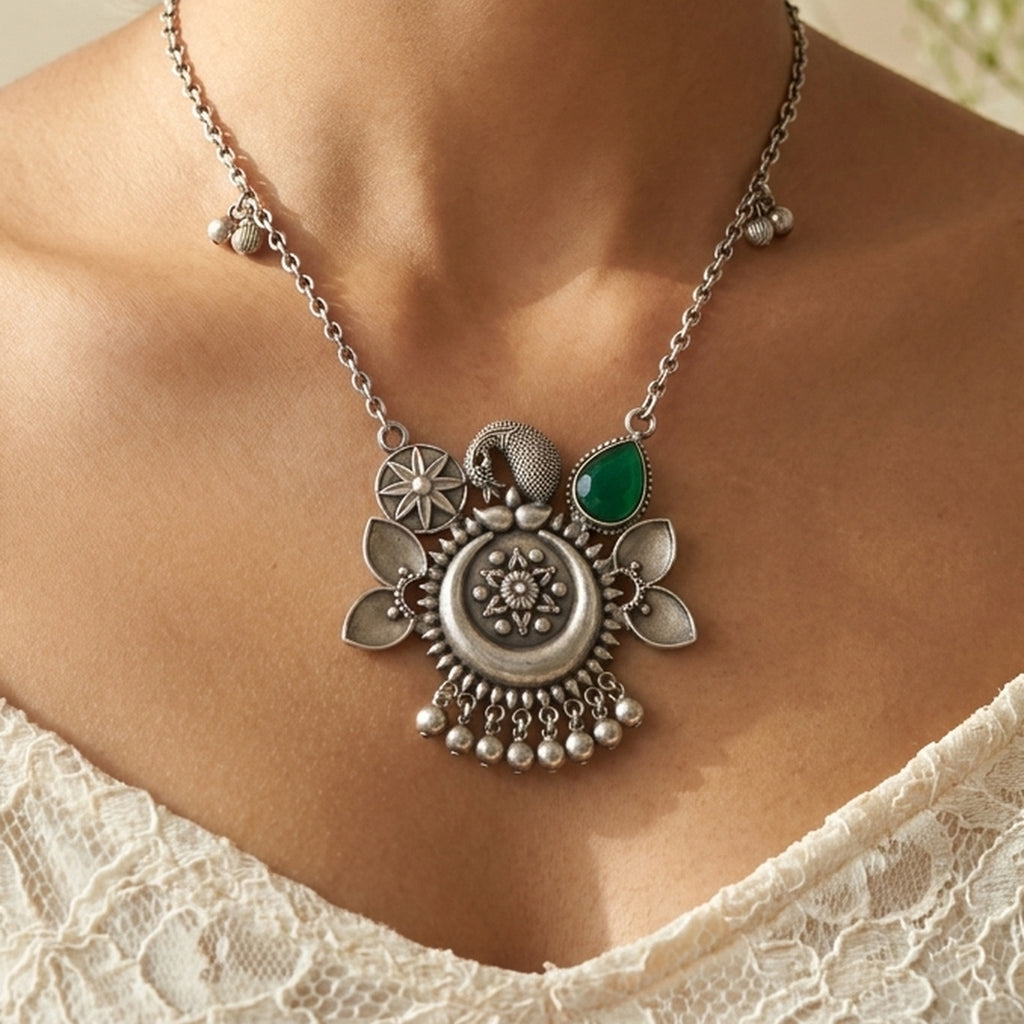Desi Diva Oxidized Green Leaf Floral Necklace worn at the neck, handmade by Dream Karigiri