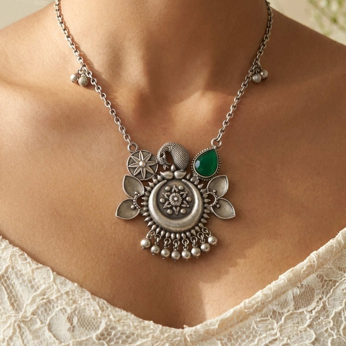 Desi Diva Oxidized Green Leaf Floral Necklace worn at the neck, handmade by Dream Karigiri