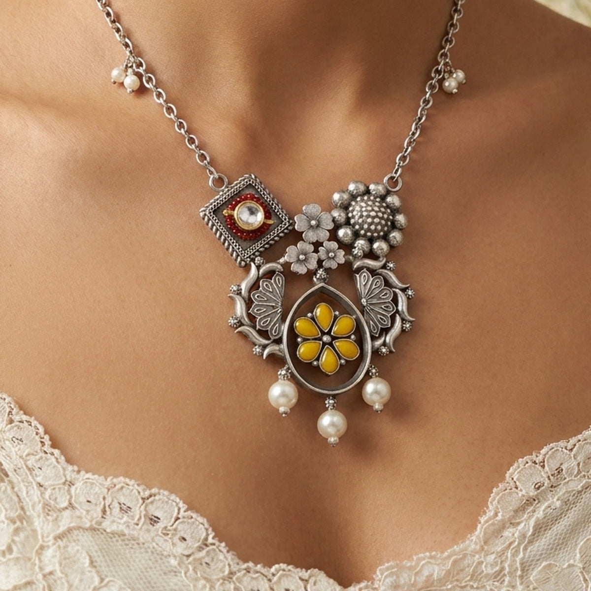 Desi Diva Oxidized Kundan & Pearl Statement Necklace worn at the neck, handmade by Dream Karigiri