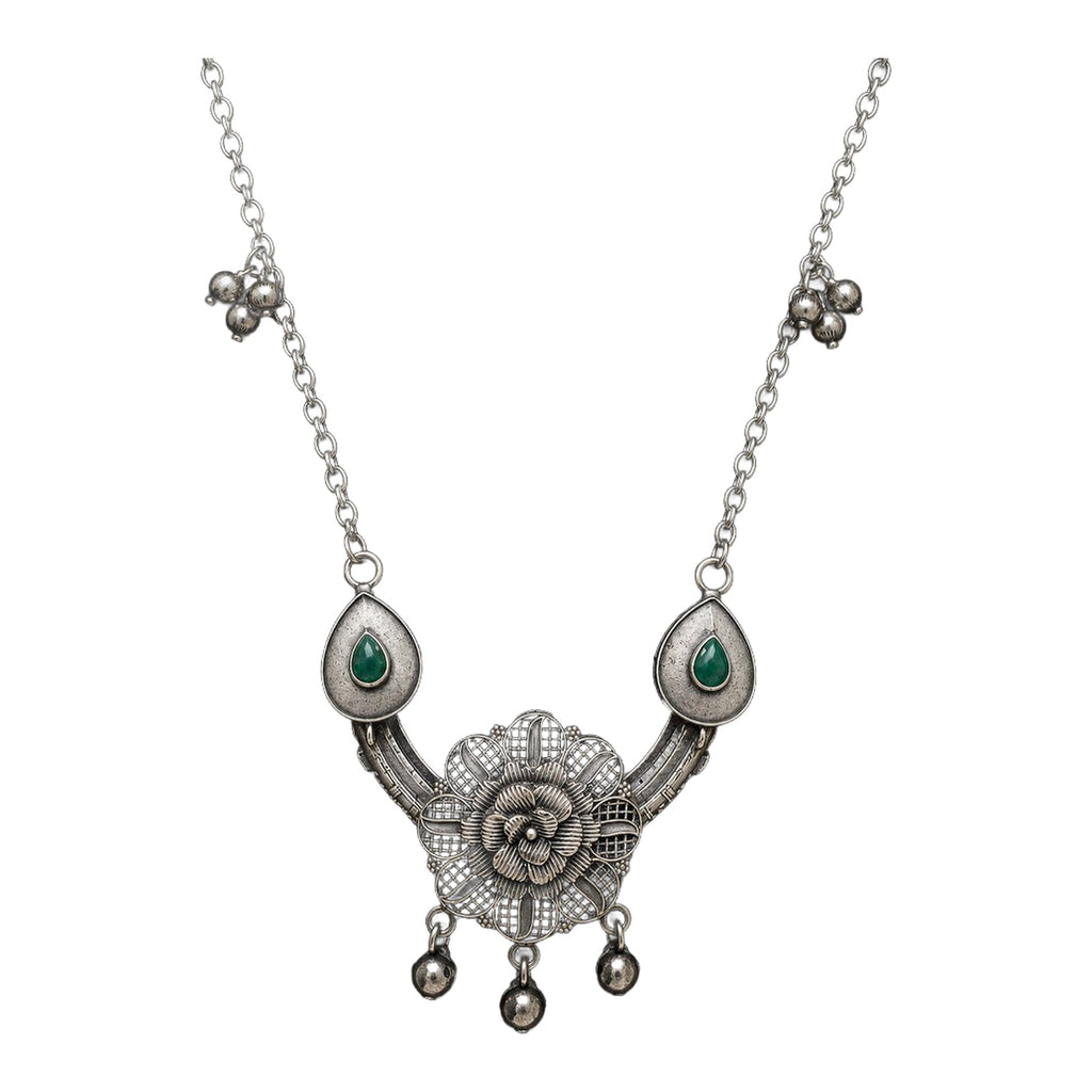 Desi Diva Oxidized Green Teardrop Rose Necklace — handmade necklace by Dream Karigiri