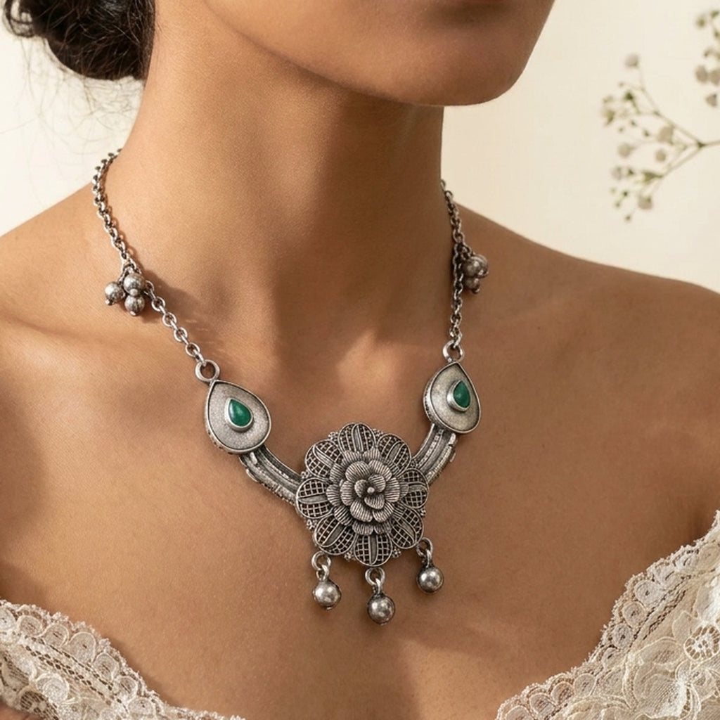 Desi Diva Oxidized Green Teardrop Rose Necklace worn at the neck, handmade by Dream Karigiri