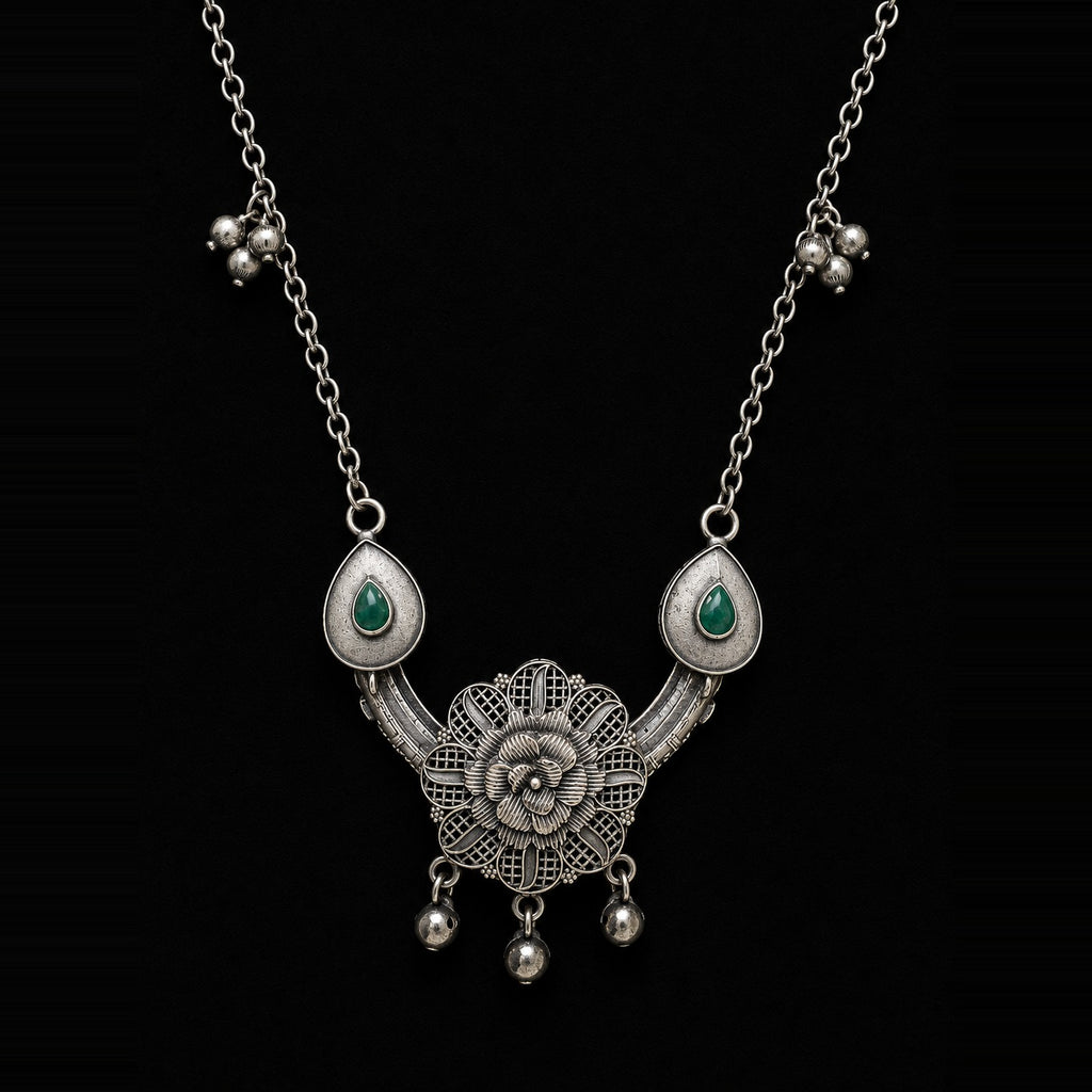 Desi Diva Oxidized Green Teardrop Rose Necklace
