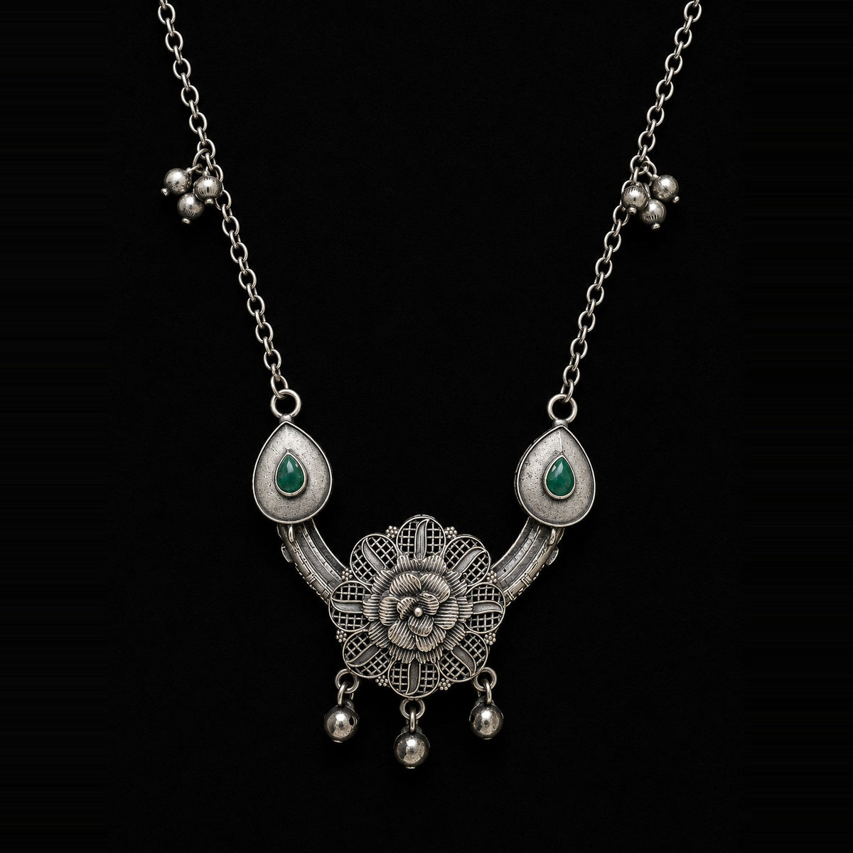 Desi Diva Oxidized Green Teardrop Rose Necklace