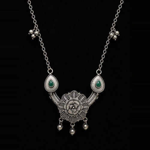 Desi Diva Oxidized Green Teardrop Rose Necklace