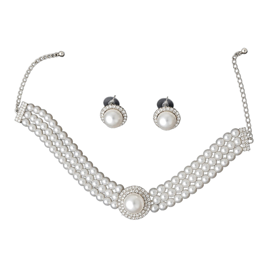 Pearl & Crystal Three-Strand Choker Set — handmade necklace by Dream Karigiri