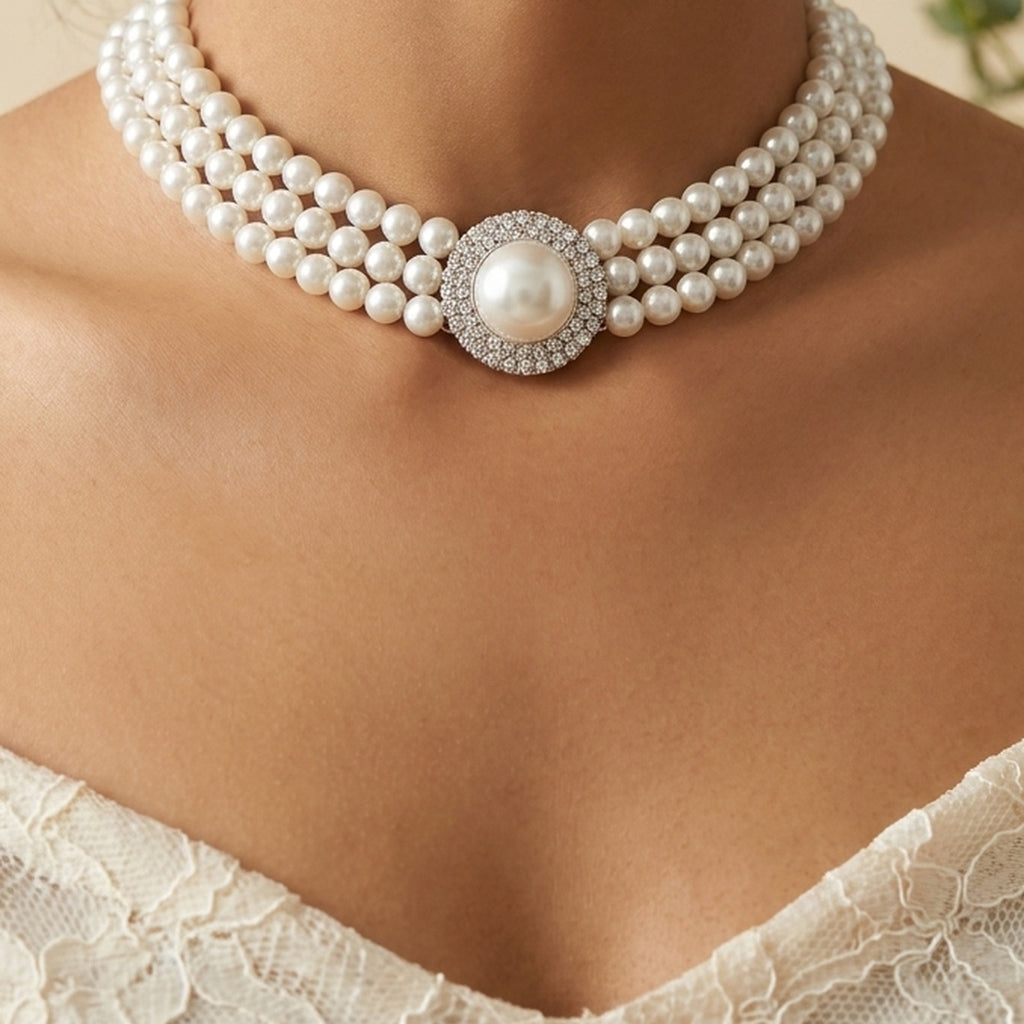 Pearl & Crystal Three-Strand Choker Set worn at the neck, handmade by Dream Karigiri