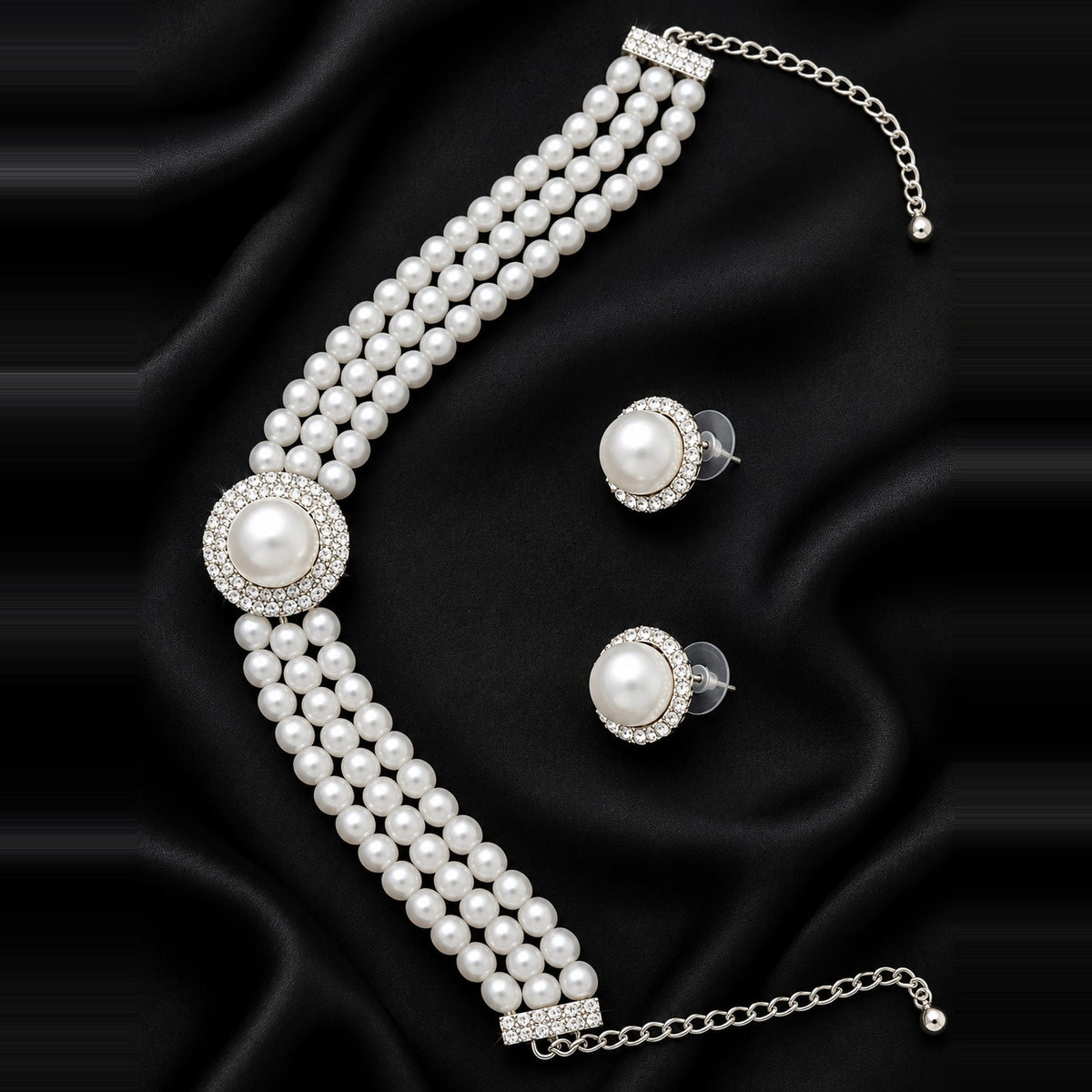 Pearl & Crystal Three-Strand Choker Set — handmade necklace by Dream Karigiri