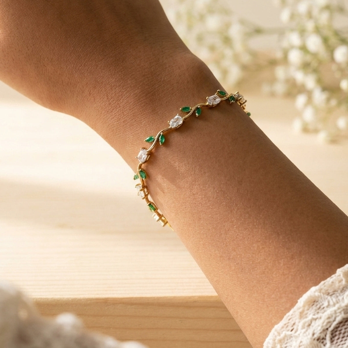 Dream Karigiri Tulip Bracelet Green & White worn on the wrist, handmade by Dream Karigiri