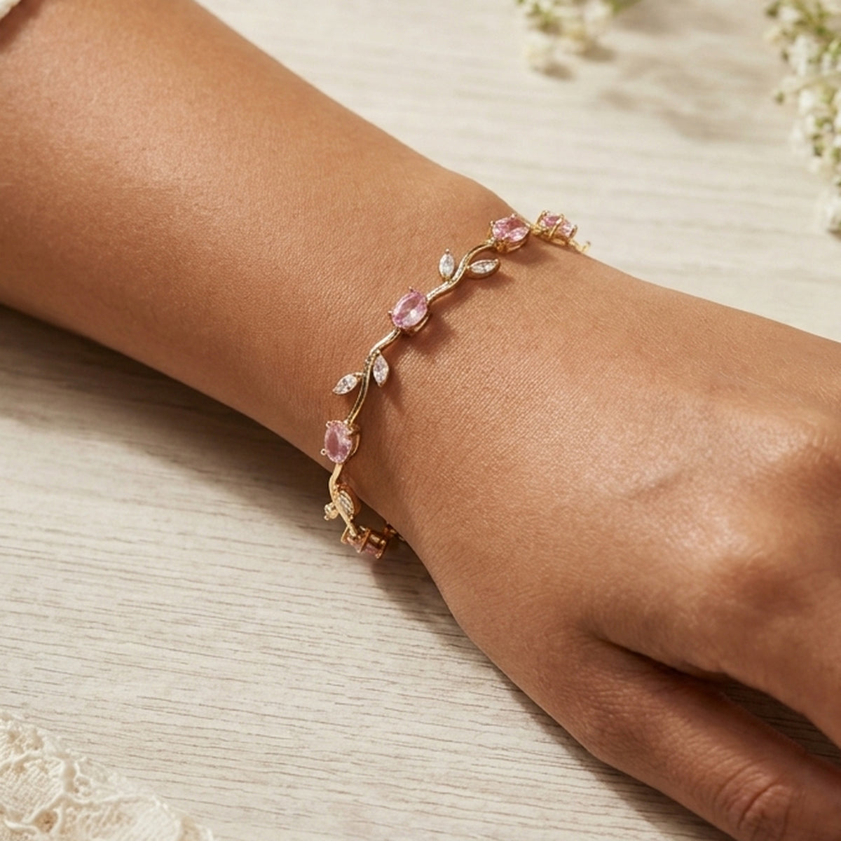 Dream Karigiri Tulip Bracelet Light Pink worn on the wrist, handmade by Dream Karigiri