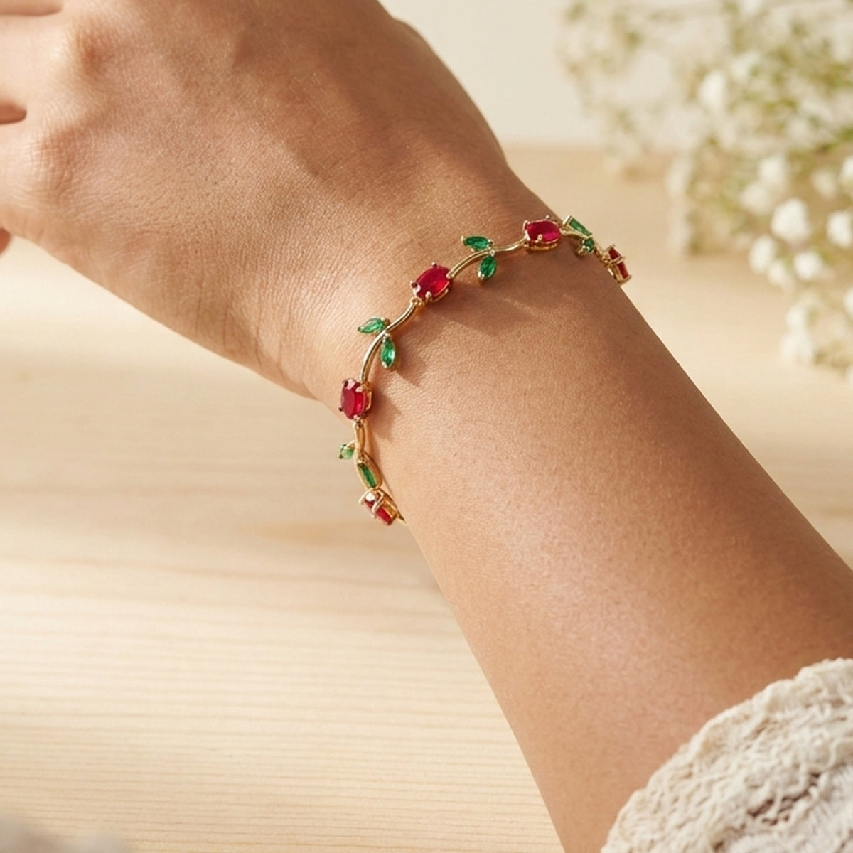 Dream Karigiri Tulip Bracelet Red & Green worn on the wrist, handmade by Dream Karigiri