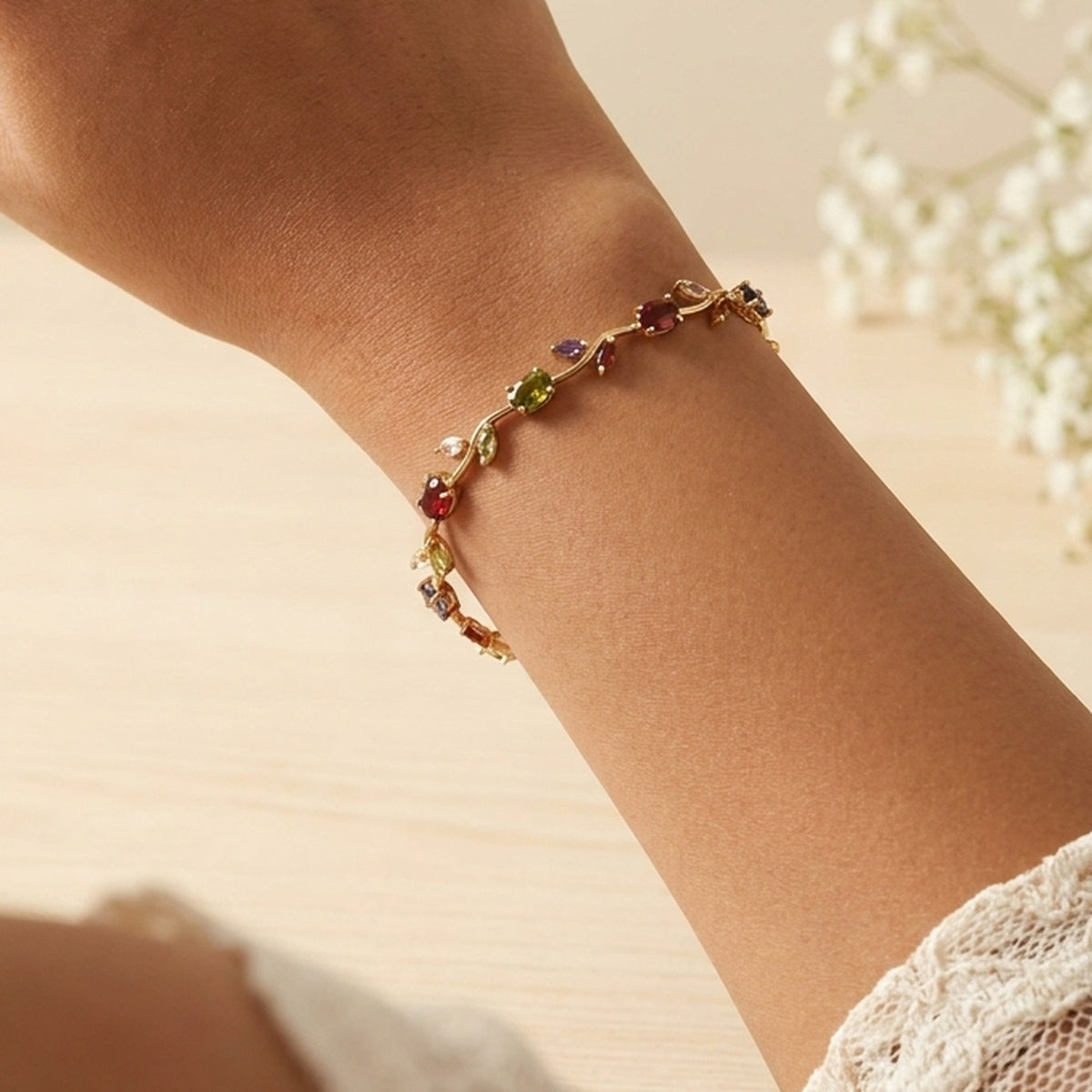 Dream Karigiri Tulip Bracelet Multi worn on the wrist, handmade by Dream Karigiri