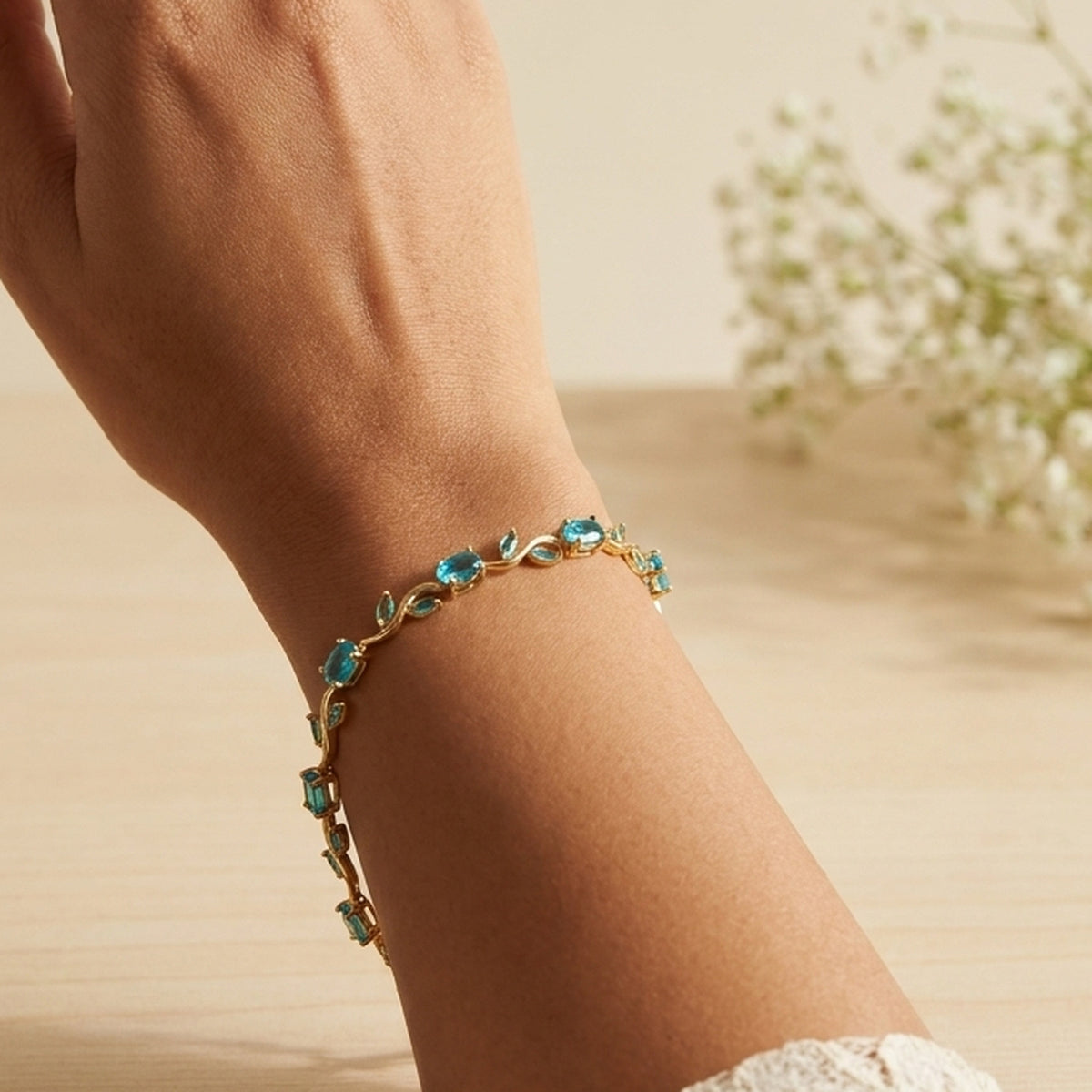 Dream Karigiri Tulip Bracelet Sky Blue worn on the wrist, handmade by Dream Karigiri