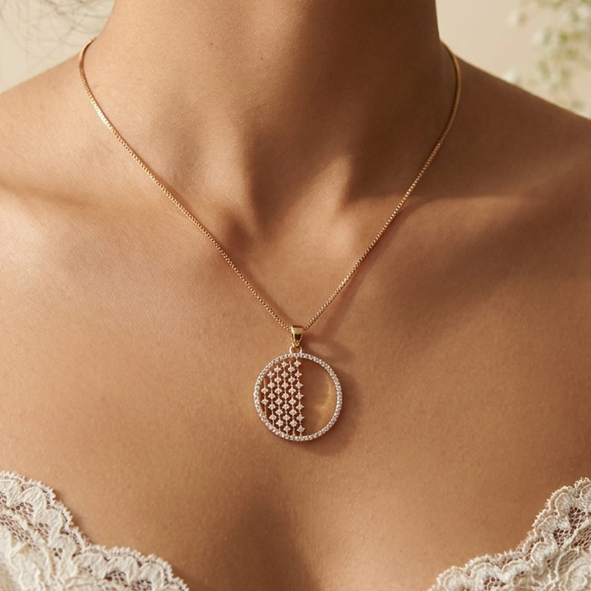 Dream Karigiri Round Rose Gold Pendant worn at the neck, handmade by Dream Karigiri