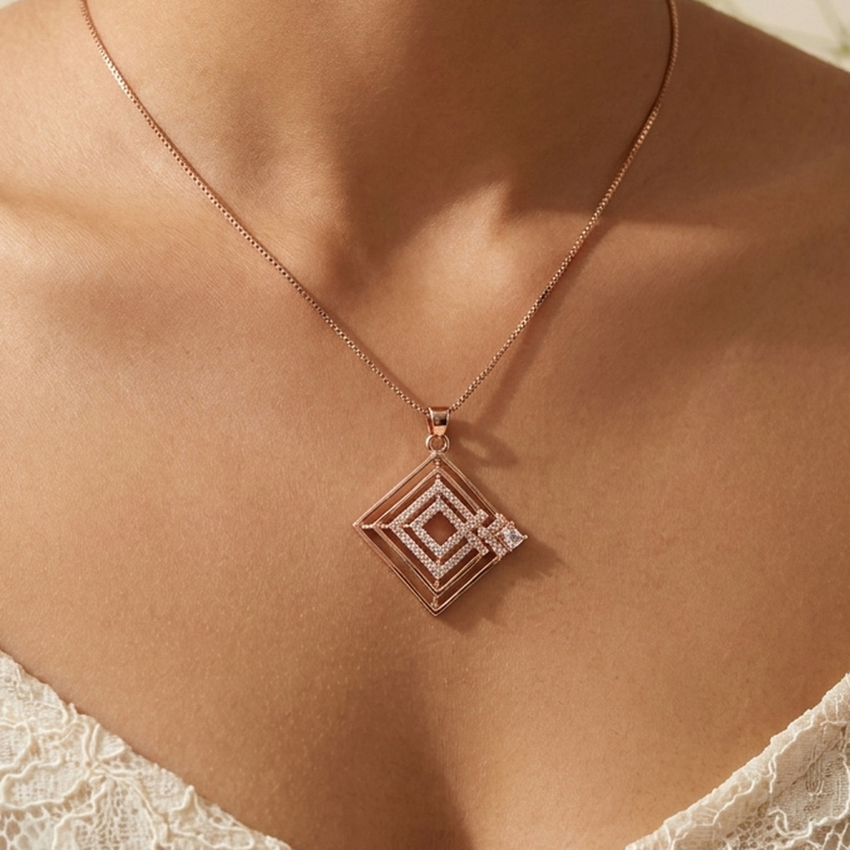 Dream Karigiri Square Rose Gold Pendant worn at the neck, handmade by Dream Karigiri